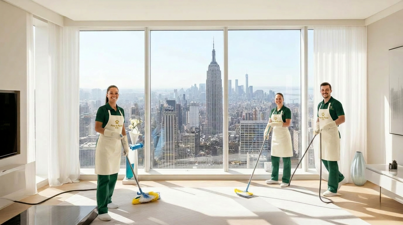 Pet-friendly cleaning NYC — limpieza de lujo y segura para mascotas por Paw & Pure Golden retriever descansando en un sofá tras una sesión de pet-friendly cleaning NYC realizada por Paw & Pure en un apartamento de Manhattan